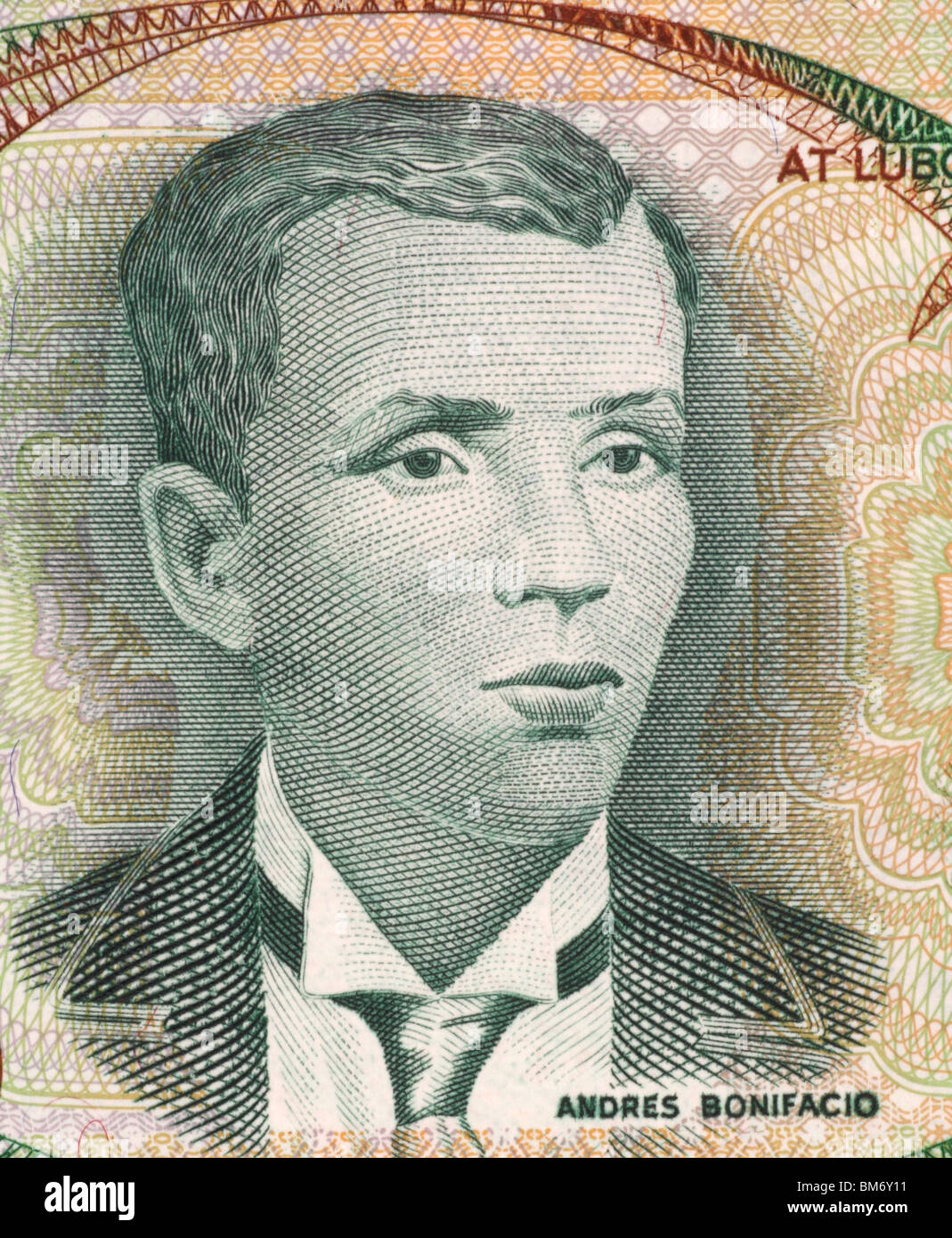 Andres Bonifacio (1863-1897) il 5 Piso 1969 banconota dalle Filippine. Nazionalista filippino e rivoluzionario. Foto Stock