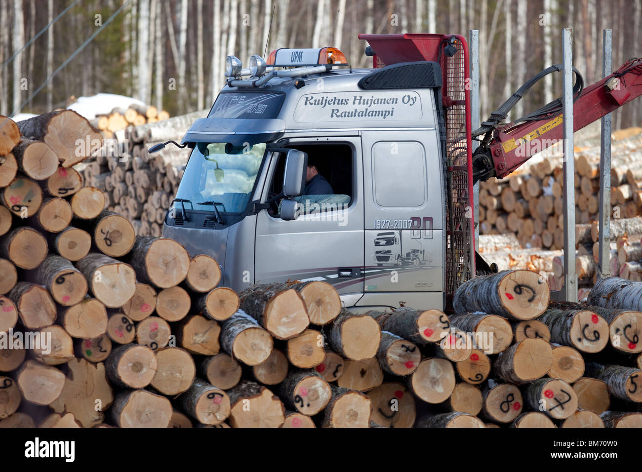 Registrazione finlandese carrello e driver di pilotaggio tra pile di log in cantiere di registro , Finlandia Foto Stock