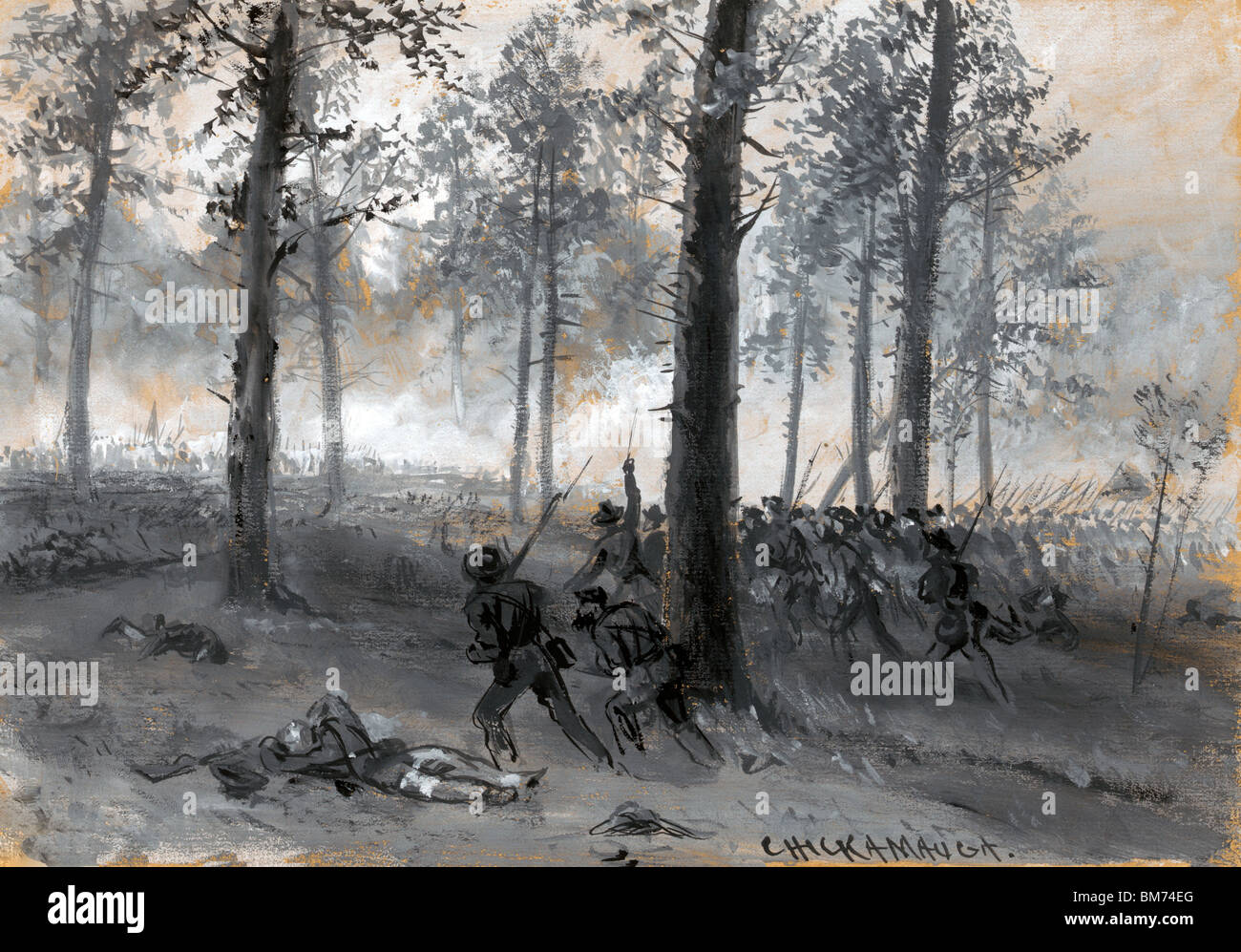 Linea di unione avanza attraverso il bosco verso confederati nella battaglia di Chickamauga durante gli Stati Uniti la guerra civile, Settembre 1863 Foto Stock