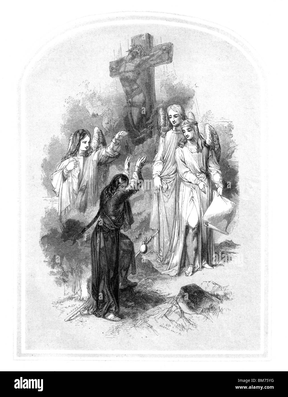Bianco e Nero Illustrazione da John Bunyan è il Pilgrim's Progress; Christian presso la croce Foto Stock