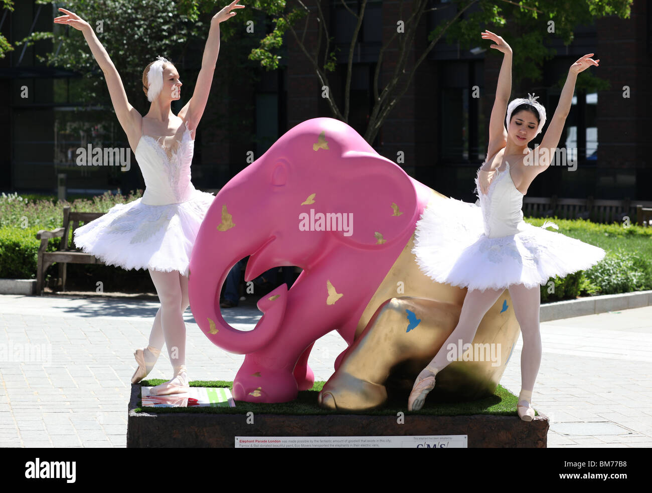 Due ballerine dalla English National Ballet pongono accanto a uno degli elefanti posto a Londra dalla famiglia elefante carità. Foto Stock