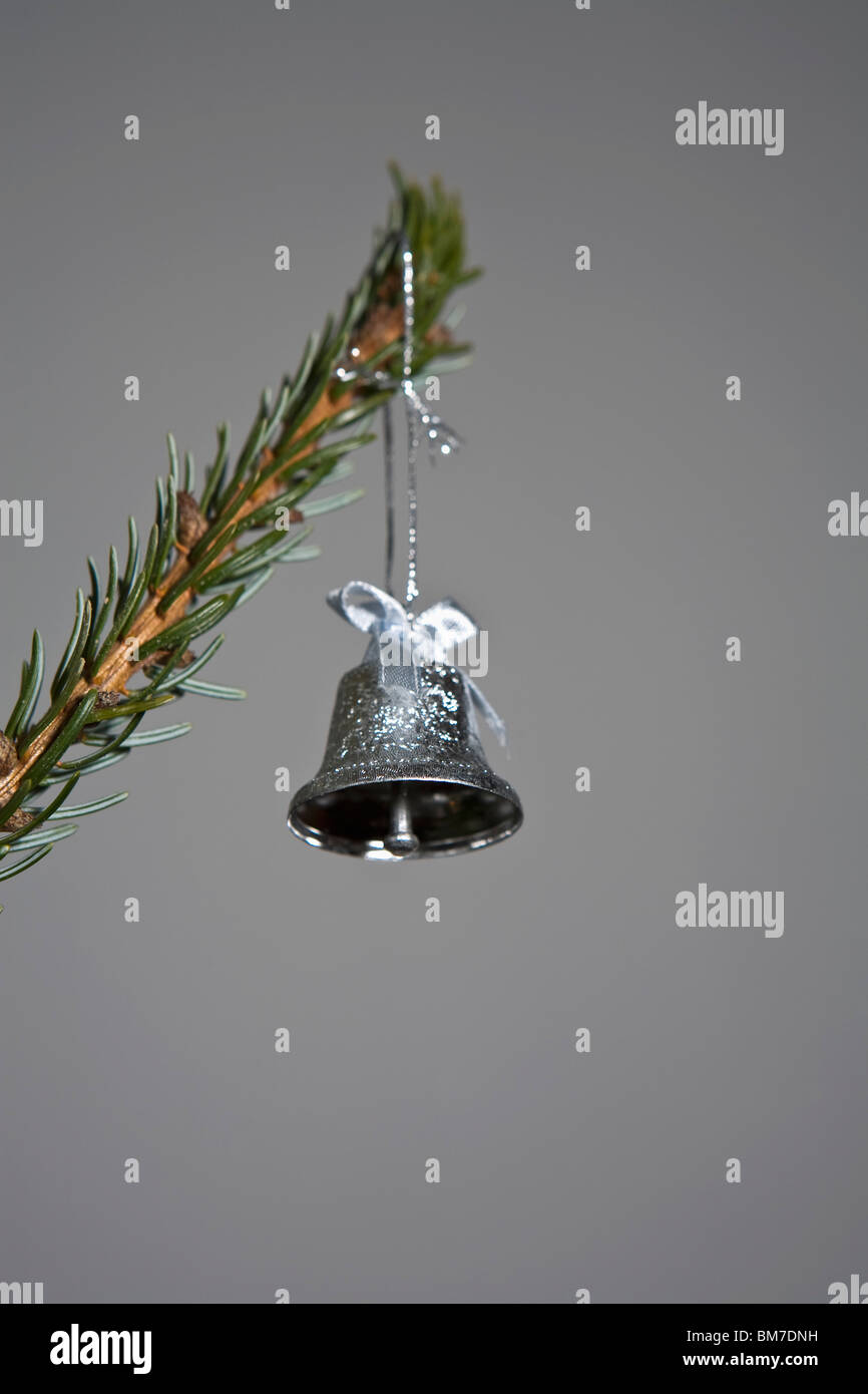 Una campana di argento appeso a un ramo di albero Foto Stock