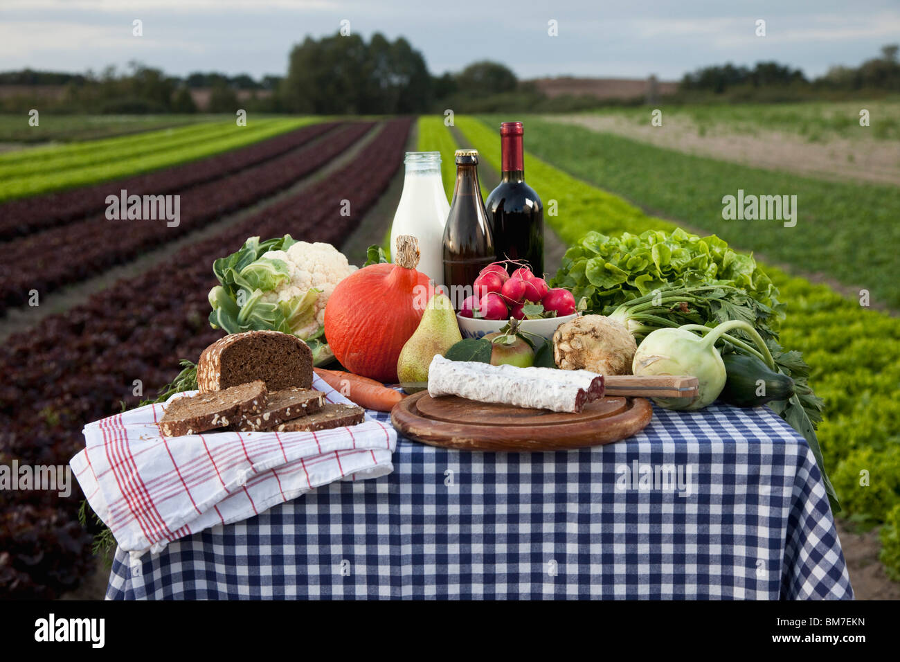 Una tabella dei cibi freschi e drinks set su una fattoria Foto Stock