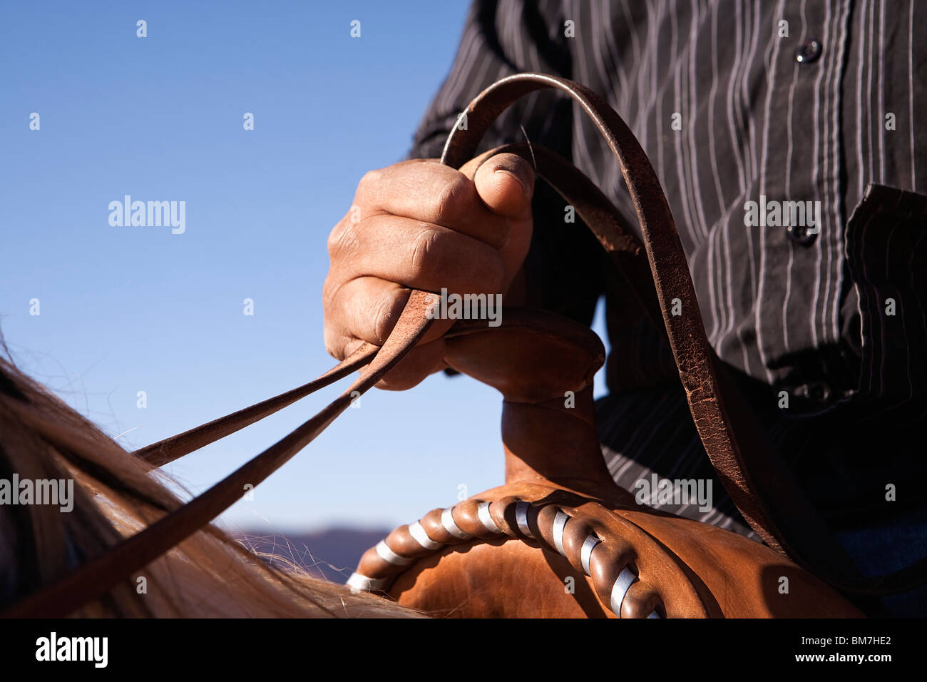 Uomo a tenere le redini del cavallo, close-up, la messa a fuoco a portata di mano Foto Stock