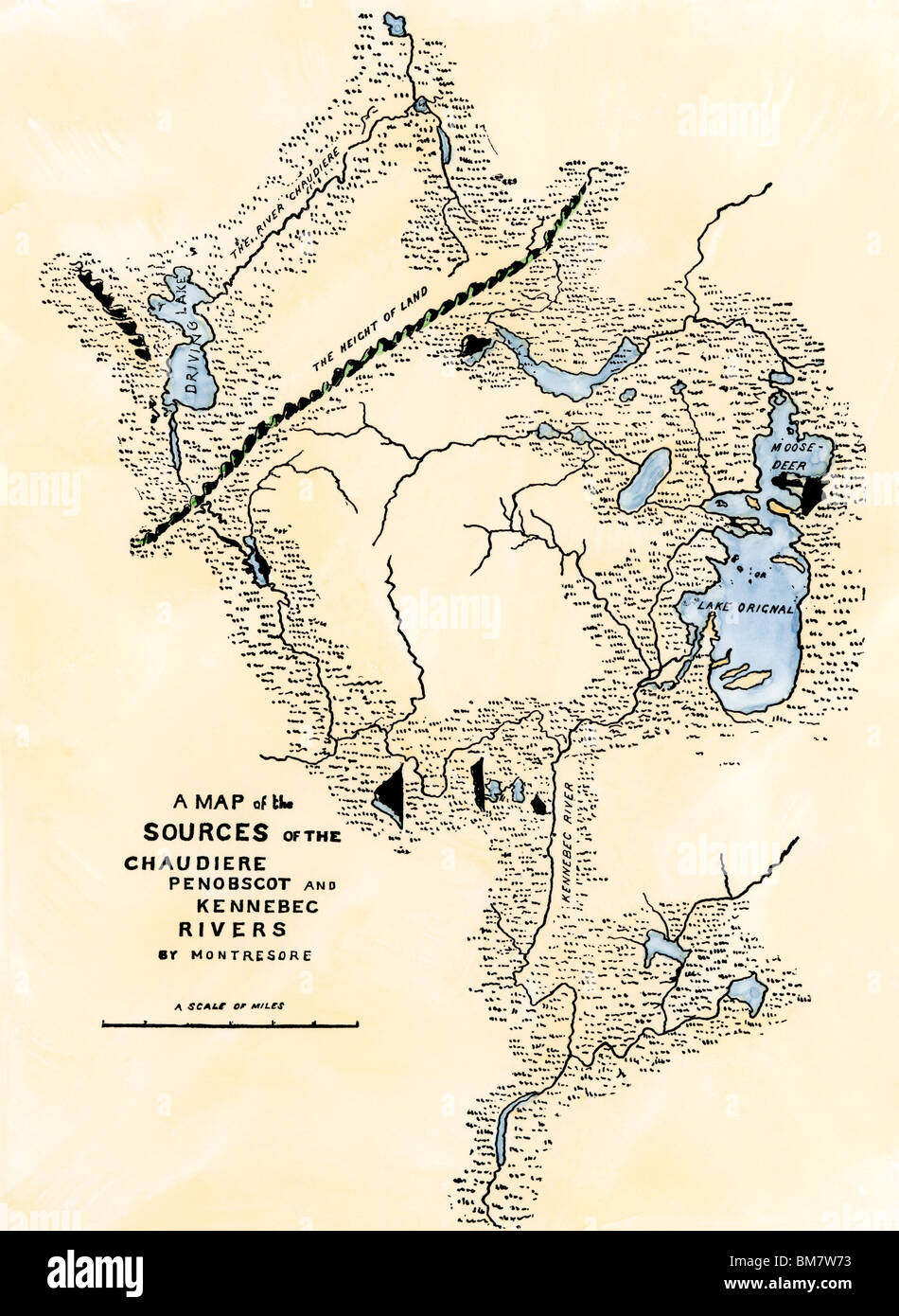 Montresor la mappa di navigazione Maine, utilizzato per Arnold's marzo a Quebec, 1775. Colorate a mano la xilografia Foto Stock