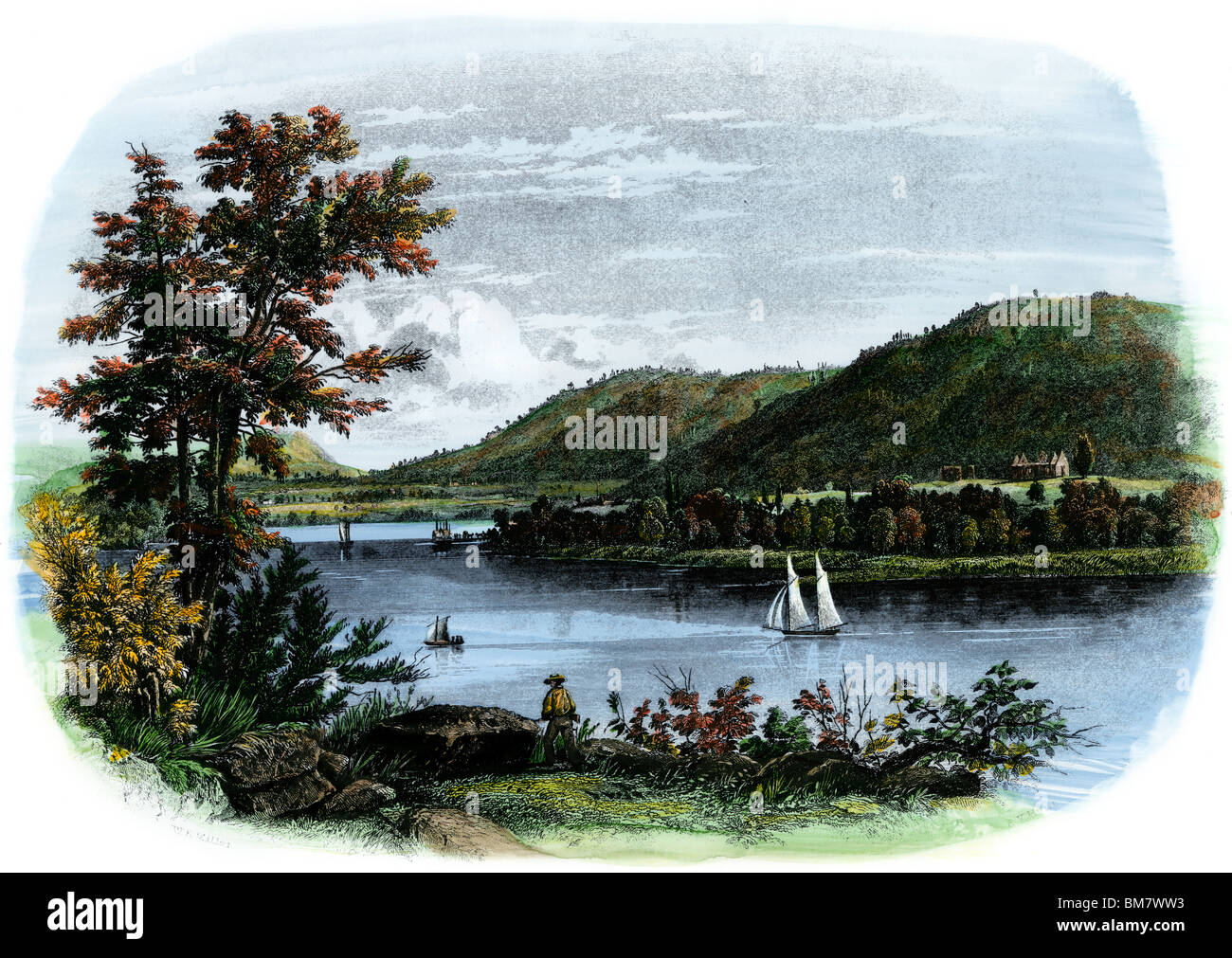 Rovine di Fort Ticonderoga sul Lago Champlain, circa 1850. Colorate a mano l'incisione Foto Stock
