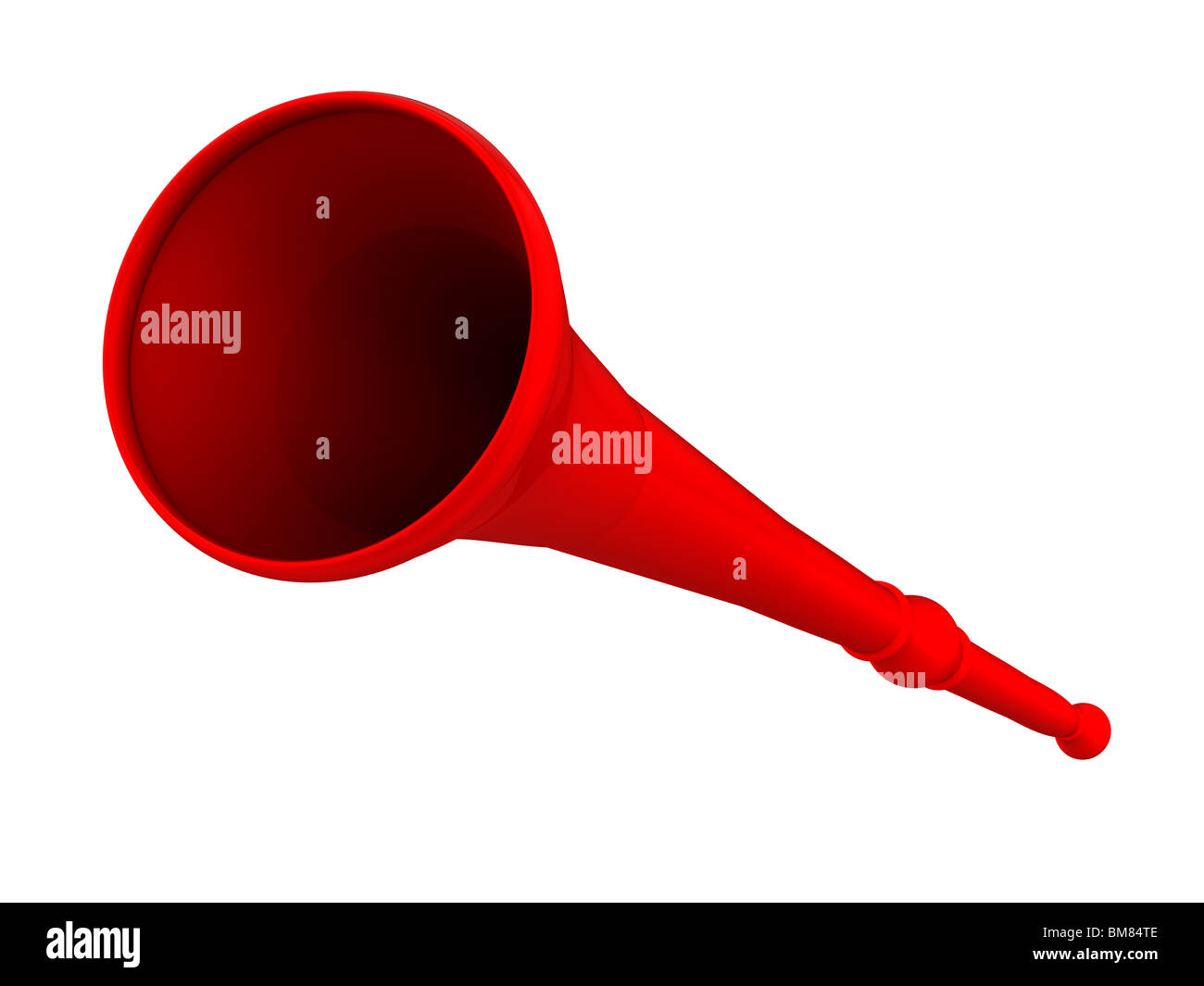 Avvisatore acustico Vuvuzela in rosso su sfondo bianco Foto Stock