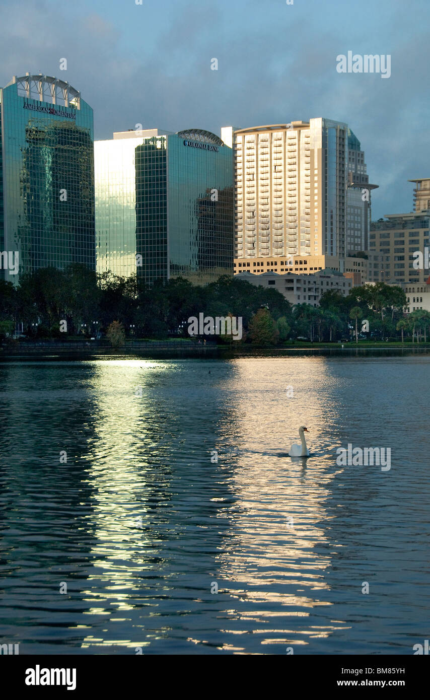 Alto edificio di appartamenti e condomini su Lake Eola Orlando, in Florida, Stati Uniti d'America Foto Stock