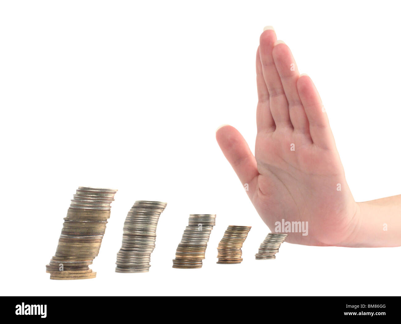 Concetto di finanze, la mano si arresta la perdita di reddito Foto Stock