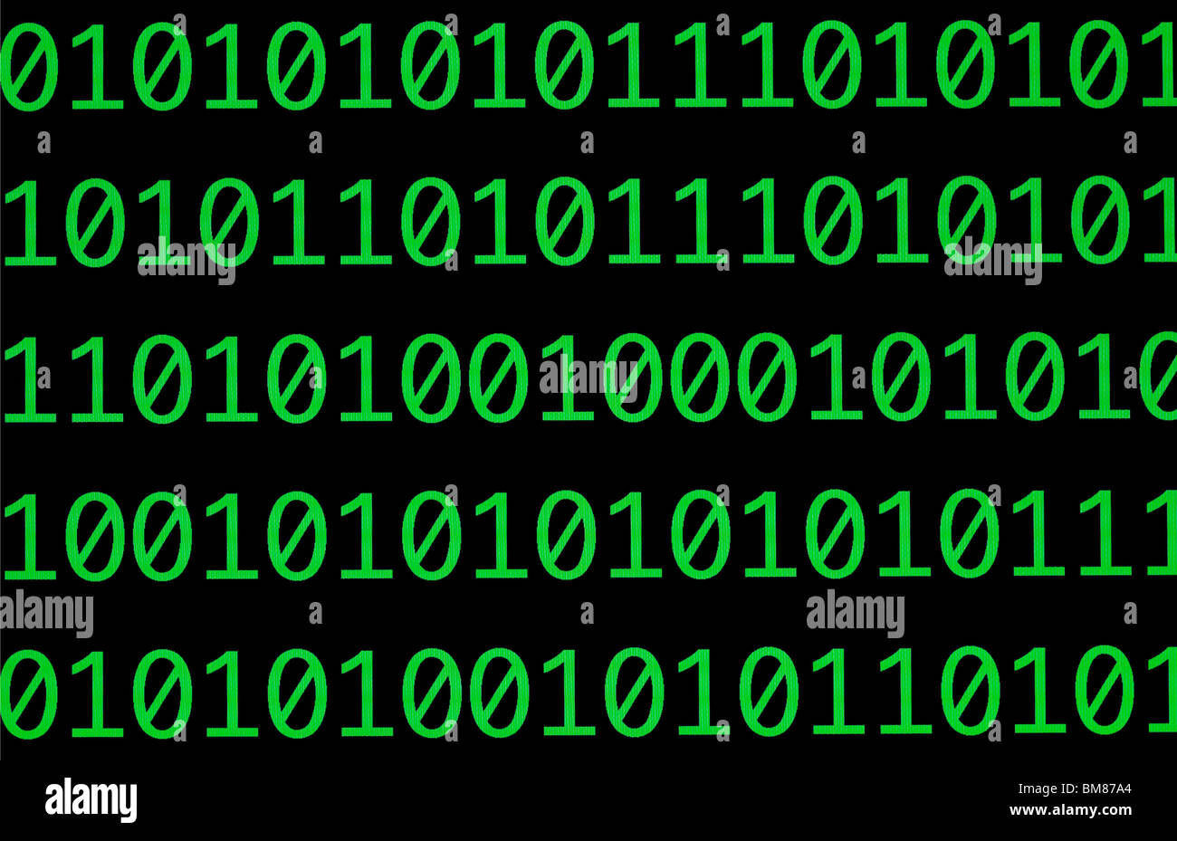 Numeri binari, serie di uno e zeri, nel verde su un nero sul monitor di un computer Foto Stock