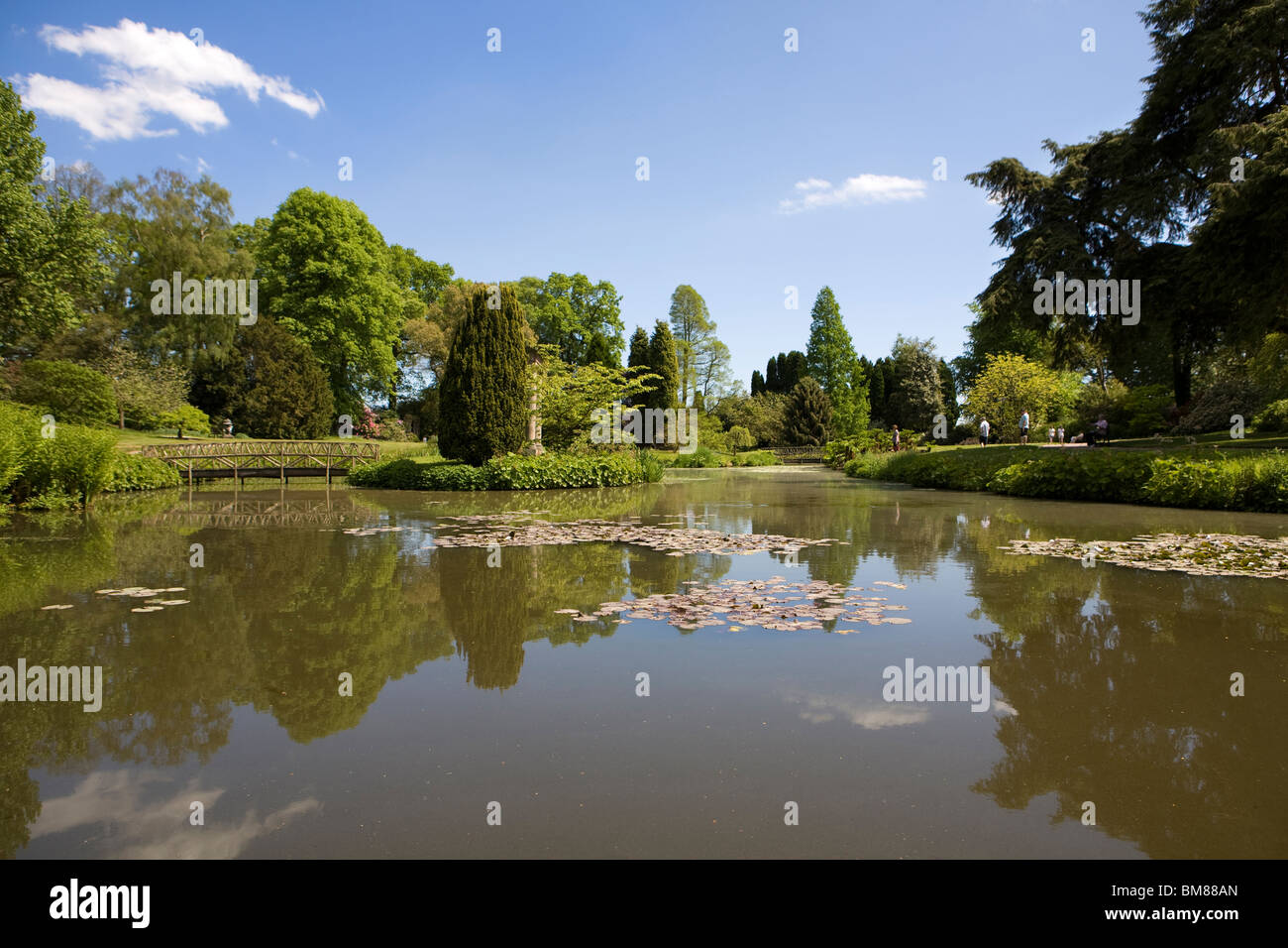 Tempio di giardini di acqua di stagno e lago a Cholmondeley Castle Malpas, Cheshire Regno Unito Foto Stock