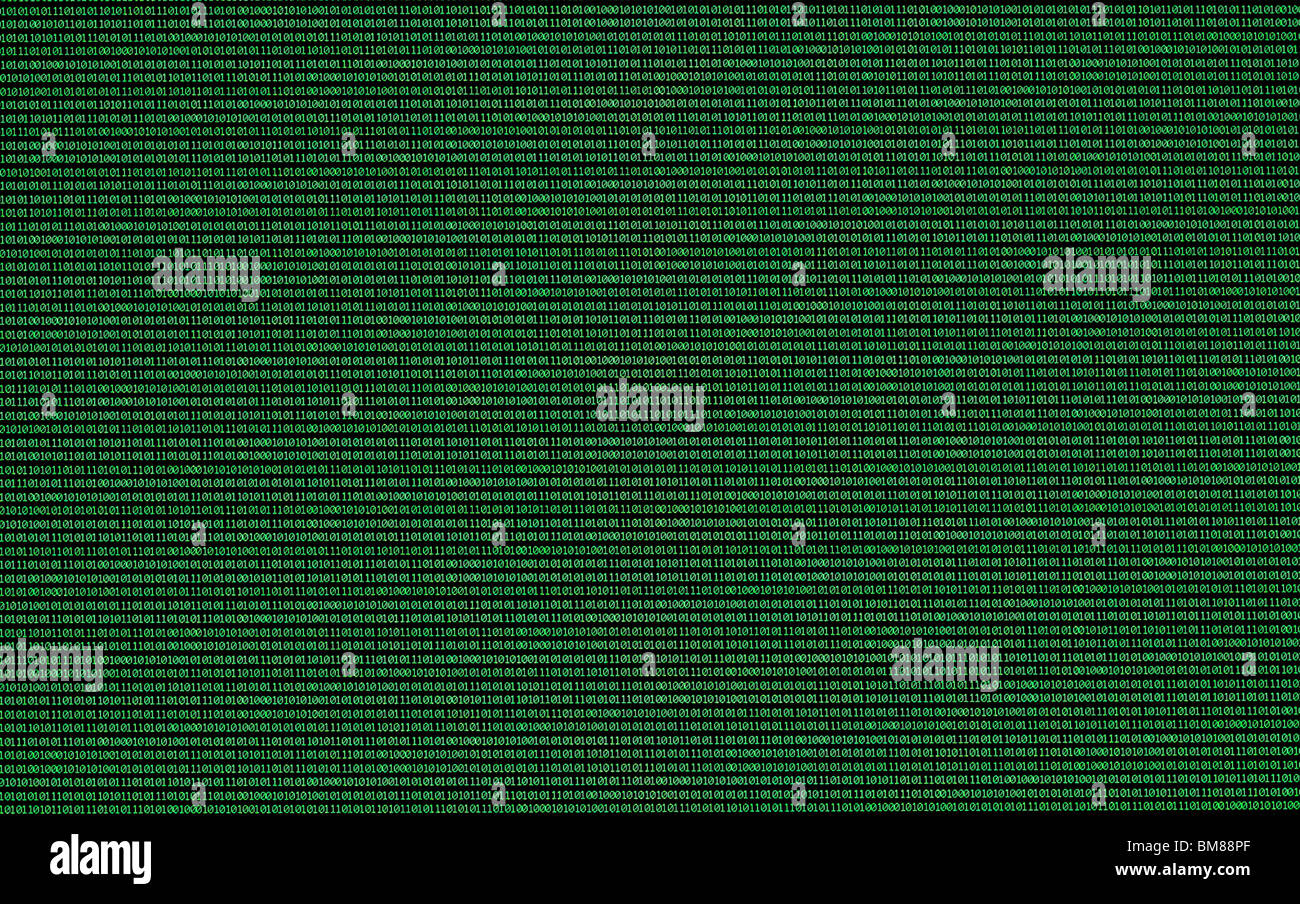 Numeri binari, serie di uno e zeri, nel verde su un nero sul monitor di un computer Foto Stock