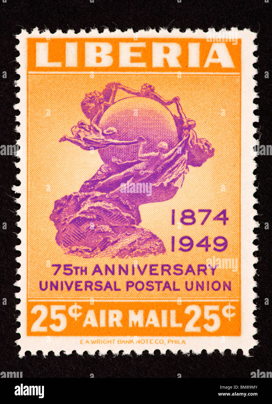 Francobollo dalla Liberia per onorare il 75 esimo anniversario dell'Unione postale universale. Foto Stock