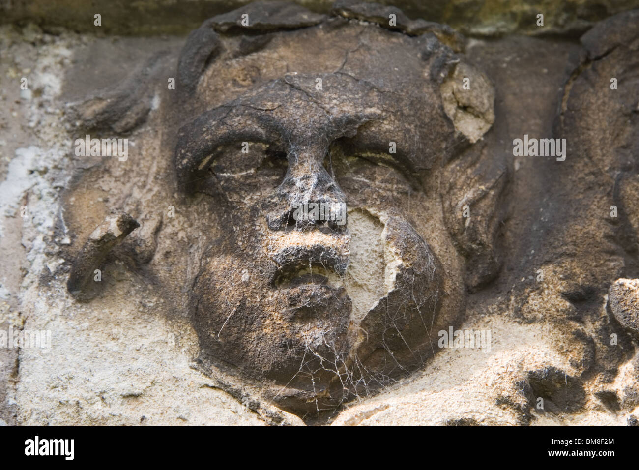 Alterò in pietra antica testa di un cherubino: Litton sagrato, Litton, Somerset, Regno Unito Foto Stock