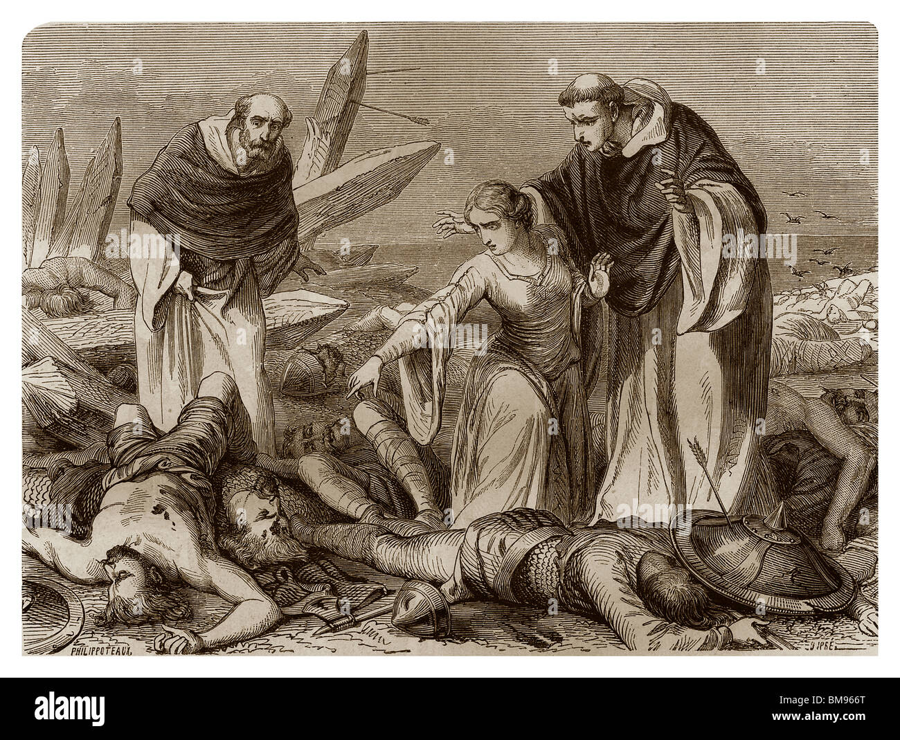 Il corpo di Harold II d'Inghilterra identificato da sua sorella Edith del Wessex durante la battaglia di Hastings del 14 ottobre 1066. Foto Stock