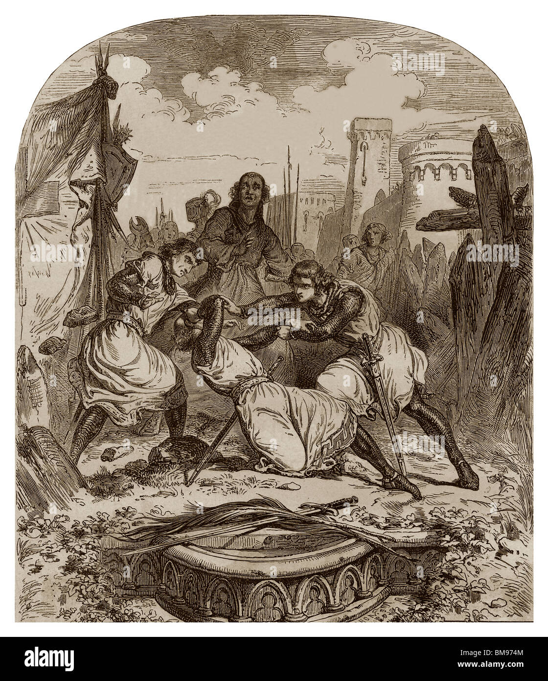 Il 25 giugno 1218, Simon IV de Montfort è stato raggiunto da una pietra gettata da un mangonel e morì a quell'istante. Foto Stock