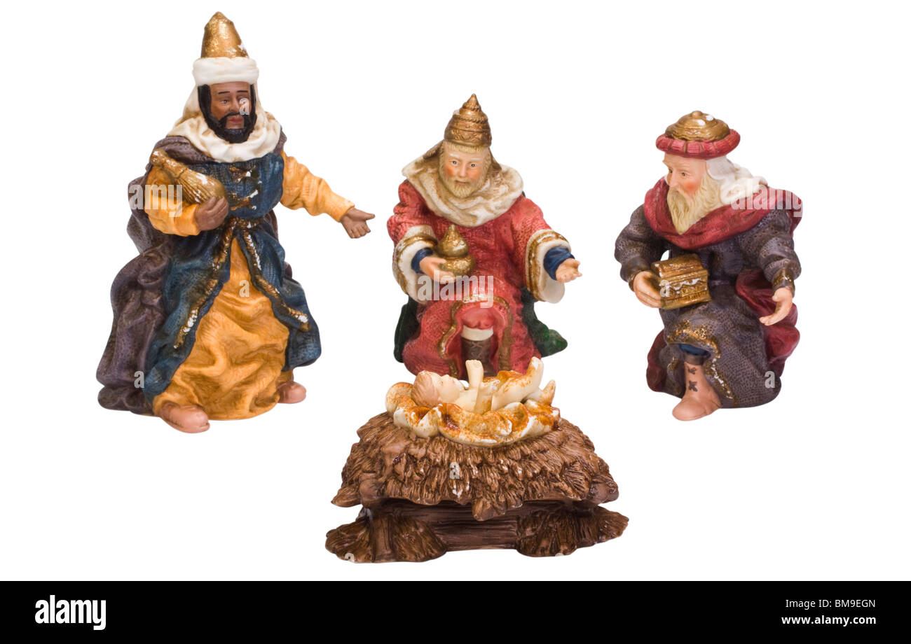 Figurine di kings vicino a Gesù Bambino Foto Stock