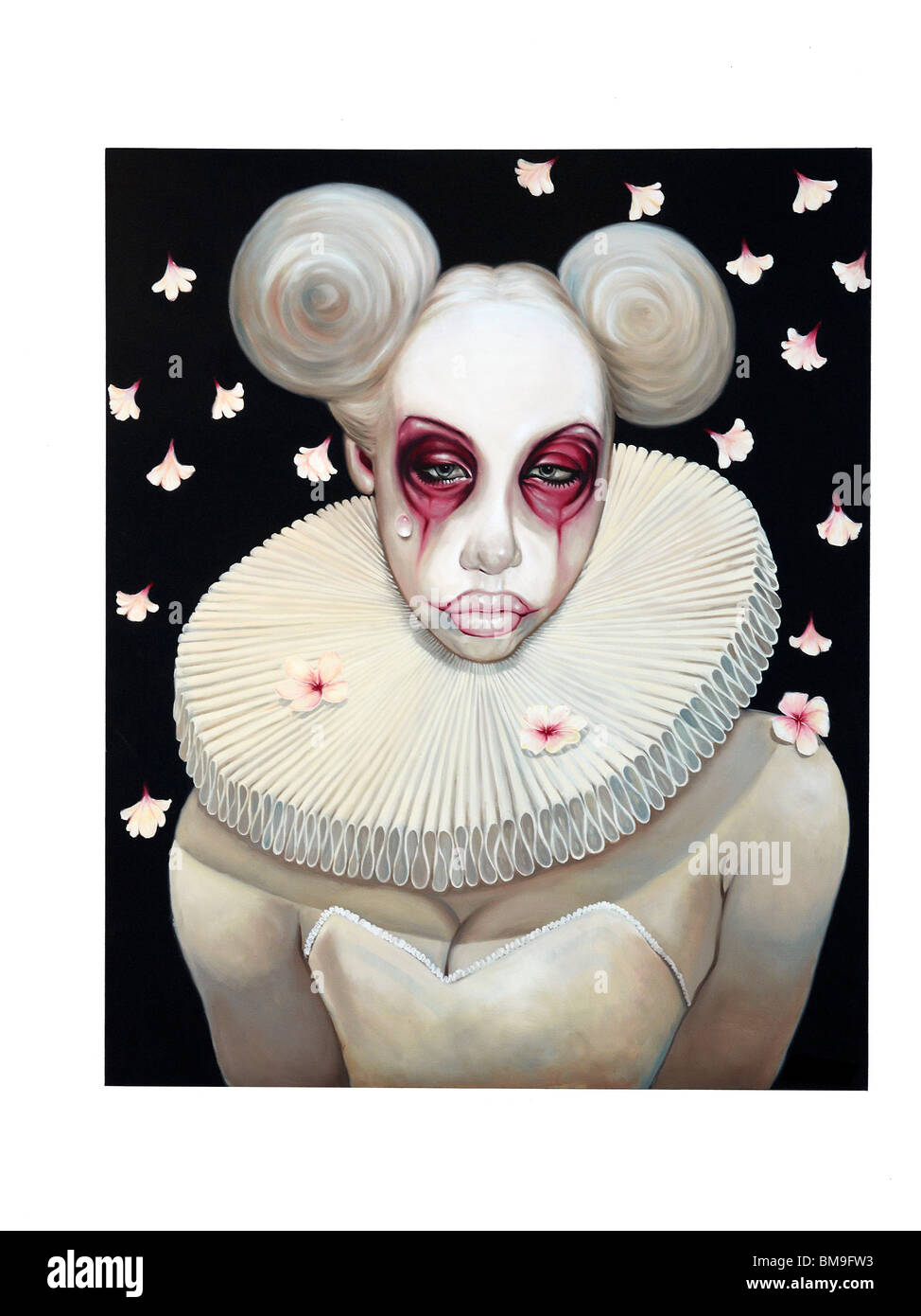 Fantasia arte pittorica di una femmina bianca di clown con la faccia triste. Foto Stock