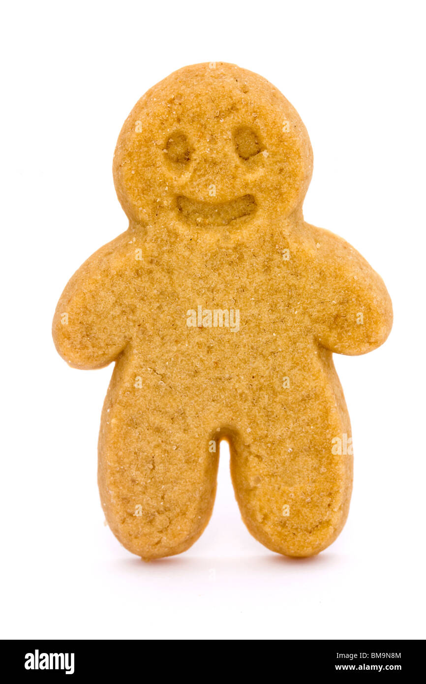 Unico gingerbread man su sfondo bianco Foto Stock