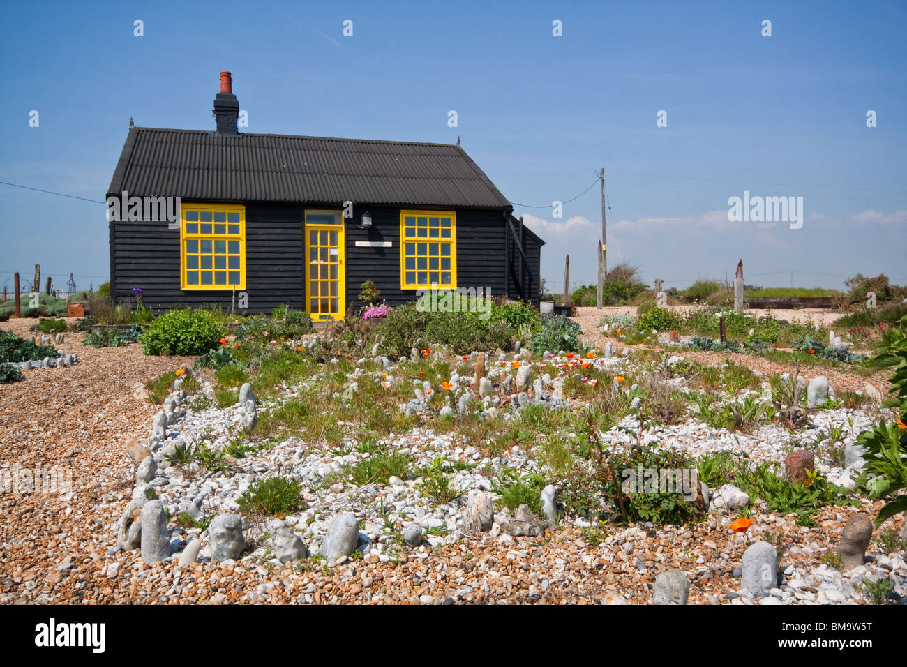 Prospettiva Cottage - tardo Derek Jarman la casa sulla spiaggia di Dungeness Kent Foto Stock