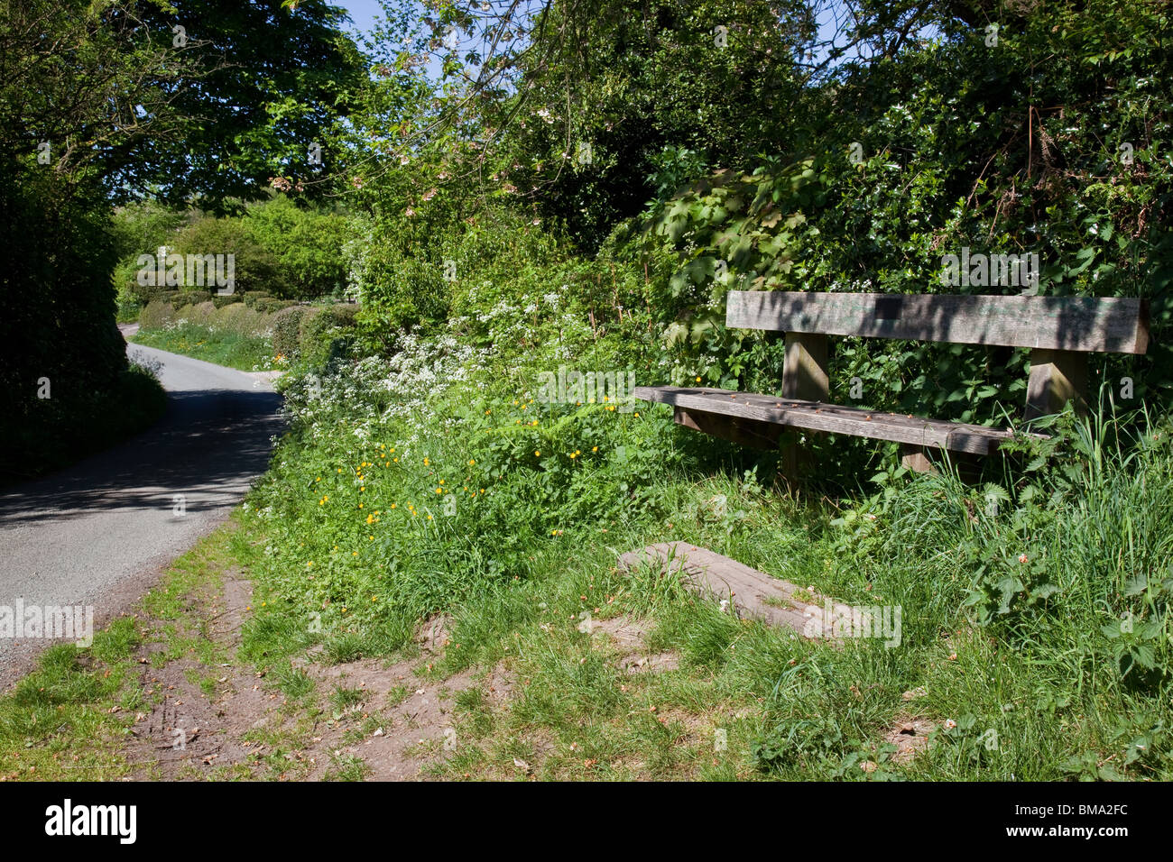 Un sedile lungo un vicolo del paese vicino a Church Stretton, Shropshire,Inghilterra Foto Stock