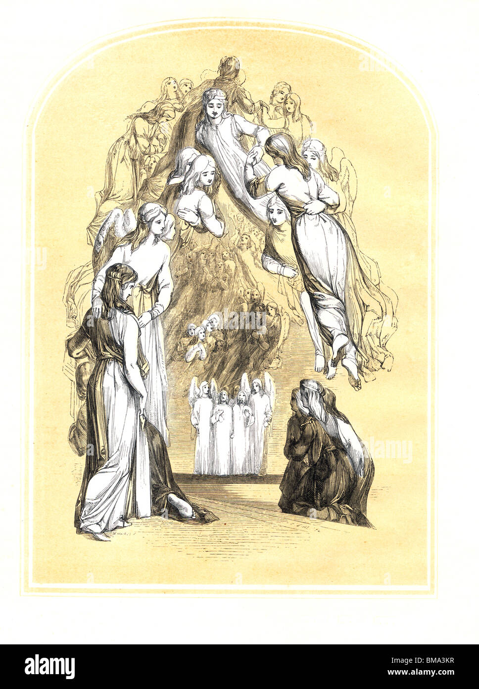 Illustrazione da John Bunyan è il Pilgrim's Progress; Pilgrima accolto dall'esercito celeste; incisione di Edward Dalziel Foto Stock