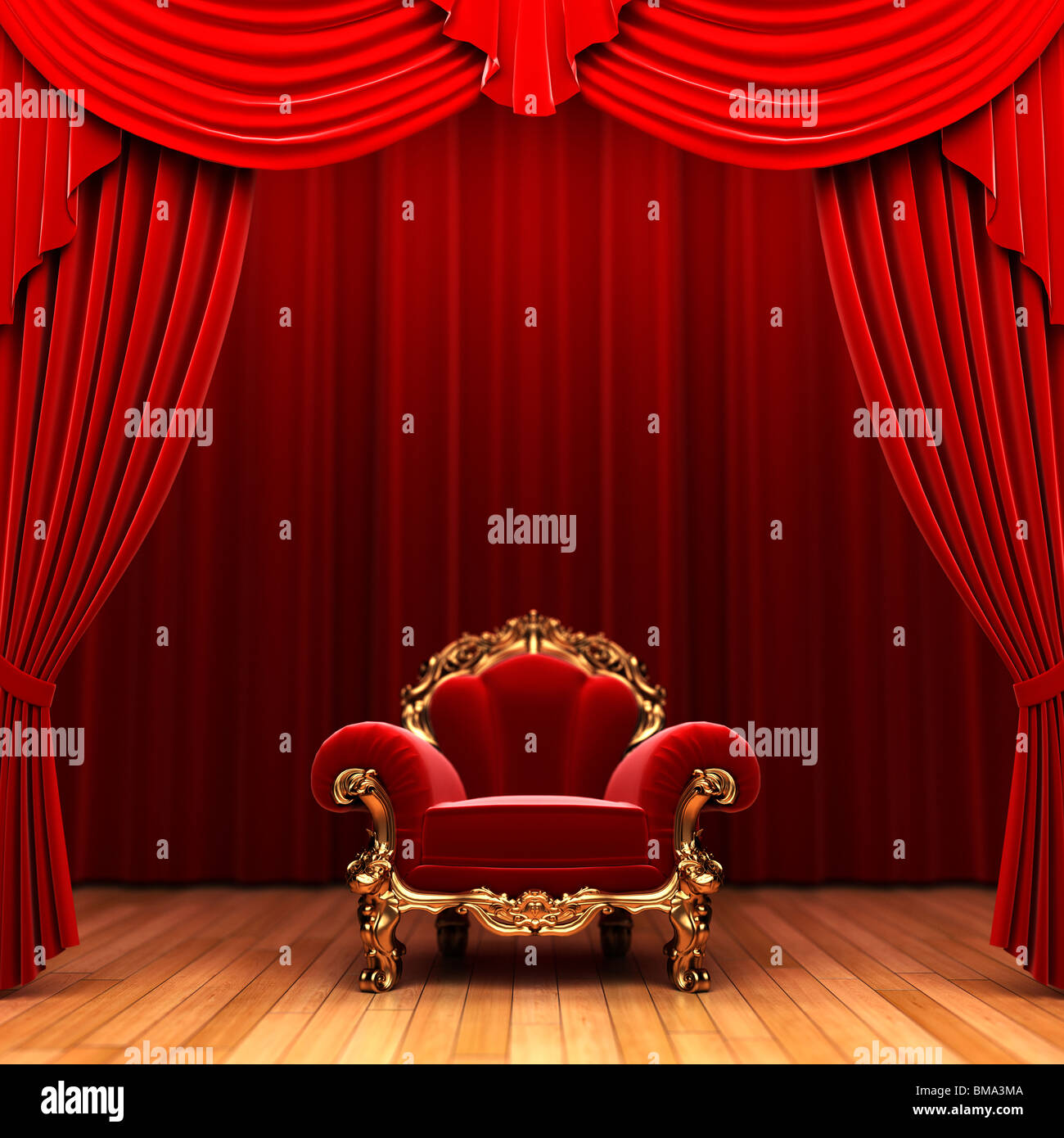 Velluto rosso a Cortina e sedia realizzata in 3D Foto Stock