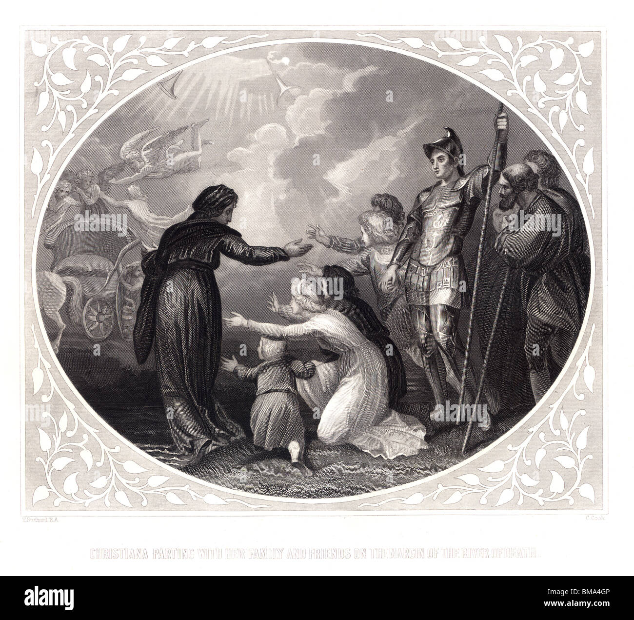 Illustrazione da John Bunyan è il Pilgrim's Progress; Christiana troncatura con la sua famiglia e gli amici Foto Stock