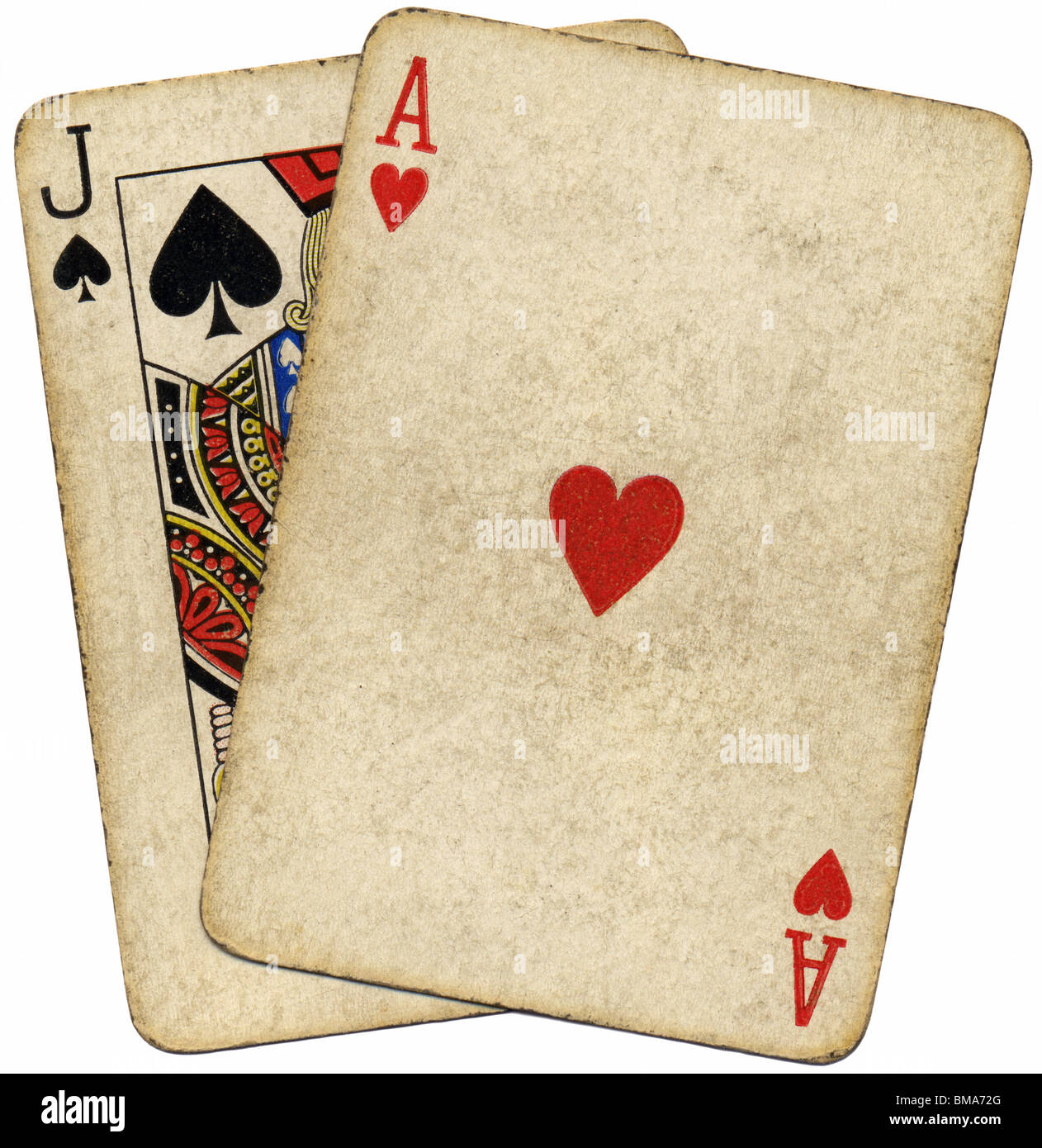 Blackjack vintage schede sporco isolato su bianco. Foto Stock