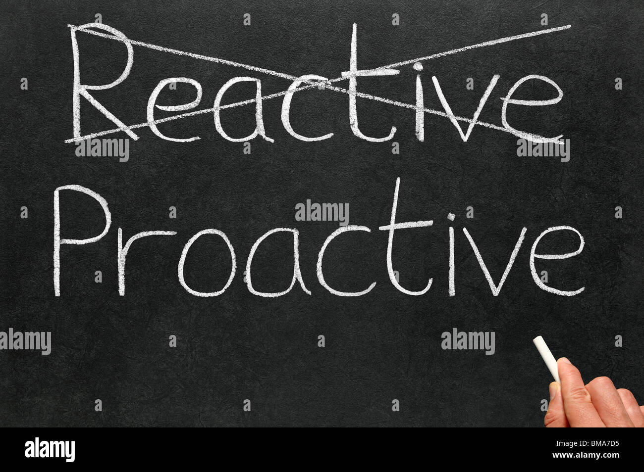 Attraversando la reattiva e proattiva di scrittura su una lavagna. Foto Stock