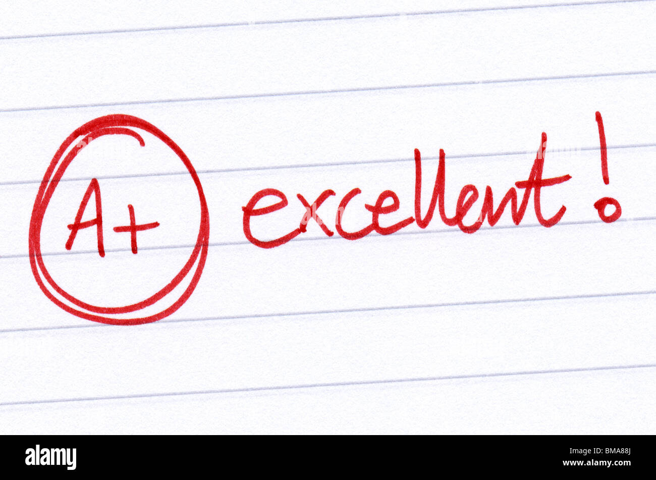 A+ excellent written on an exam paper. Foto Stock
