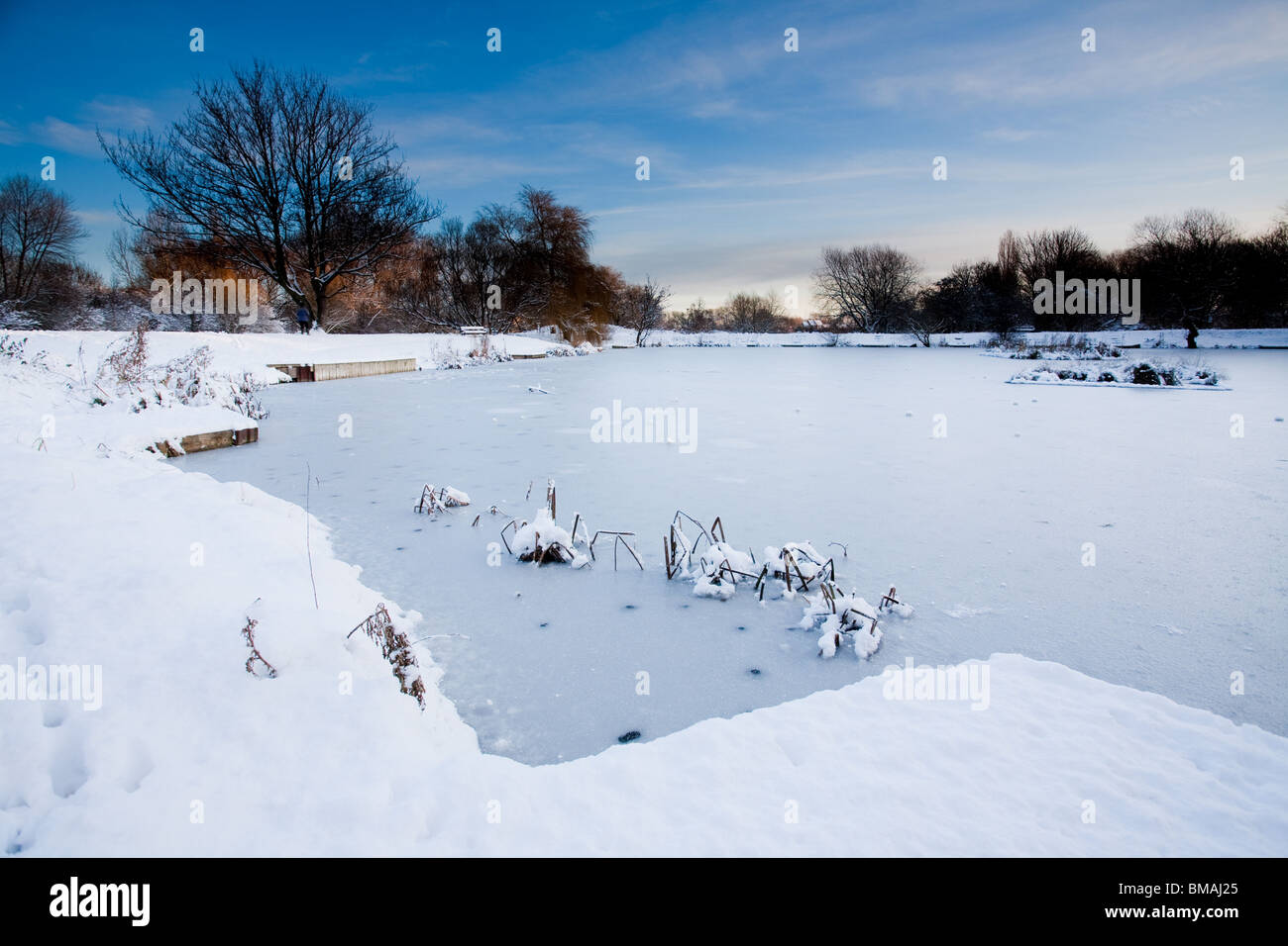 Neve profonda e congelati Charlies Pond, Billingham, Cleveland, Inghilterra Foto Stock