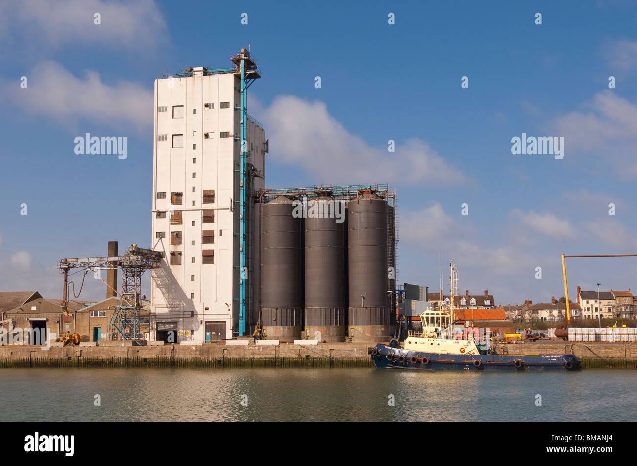 Silo utilizzato per deposito di grano presso il molo di Lowestoft , Suffolk , Inghilterra , Gran Bretagna , Regno Unito Foto Stock