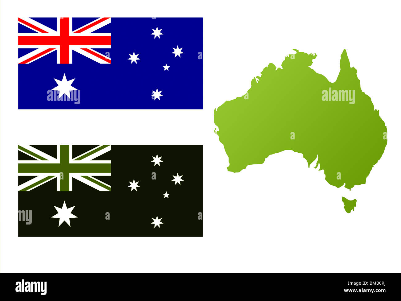 Mappa di Australia con verde bandiera eco, isolato su sfondo bianco. Foto Stock