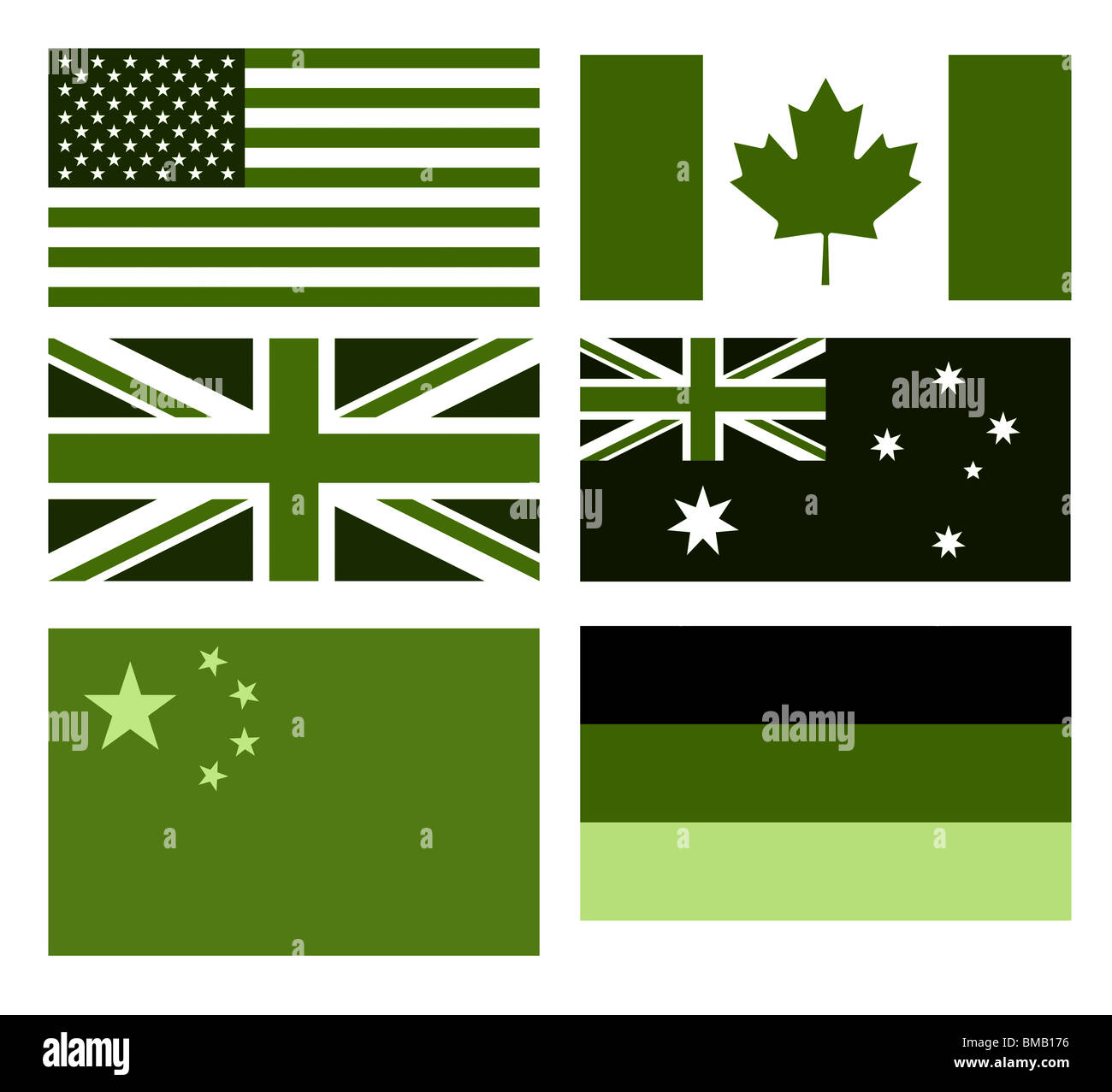 Serie di grandi bandiere nazionali in eco colori verdi, isolato su sfondo bianco. Foto Stock