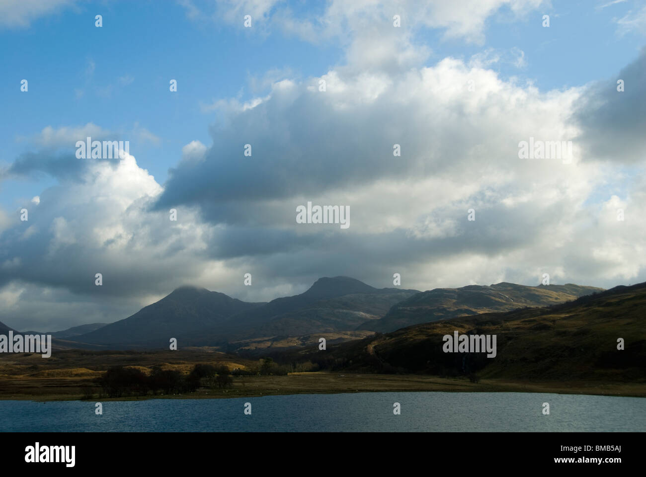 Loch Damh e le montagne del Beinn Damh foresta, Wester Ross, regione delle Highlands, Scotland, Regno Unito Foto Stock