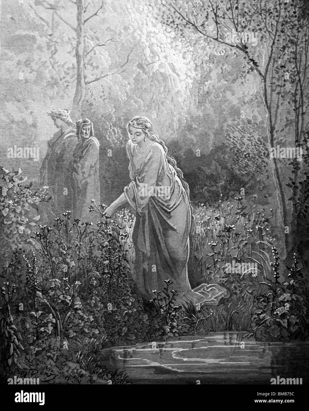 Incisione di Gustave Doré da Dante Alighieri nella Divina Commedia, Dante e Virgilio incontrano Matelda nel giardino del paradiso terrestre Foto Stock