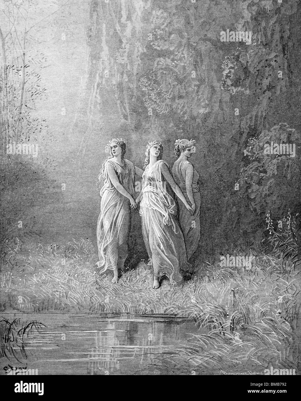 Incisione di Gustave Doré da Dante Alighieri nella Divina Commedia; nel giardino del paradiso terrestre Foto Stock