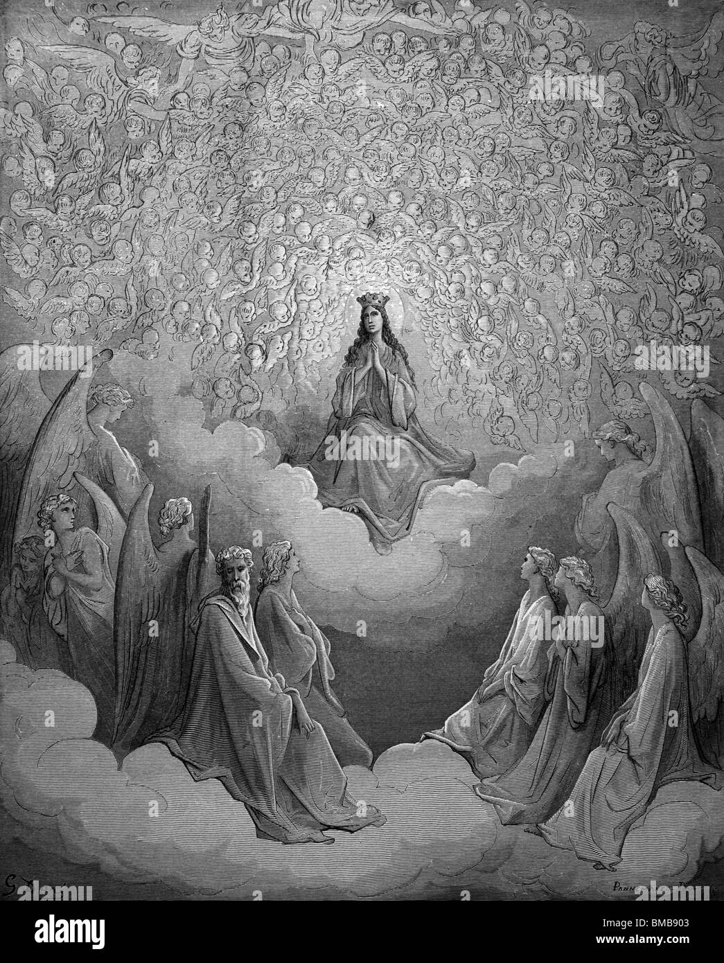 Incisione di Gustave Doré da Dante Alighieri nella Divina Commedia; la Vergine Maria, in trono e circondato da migliaia di angelo Foto Stock