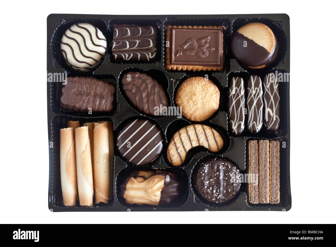Nero vassoio di plastica mista ricoperti di cioccolato biscotti Foto Stock
