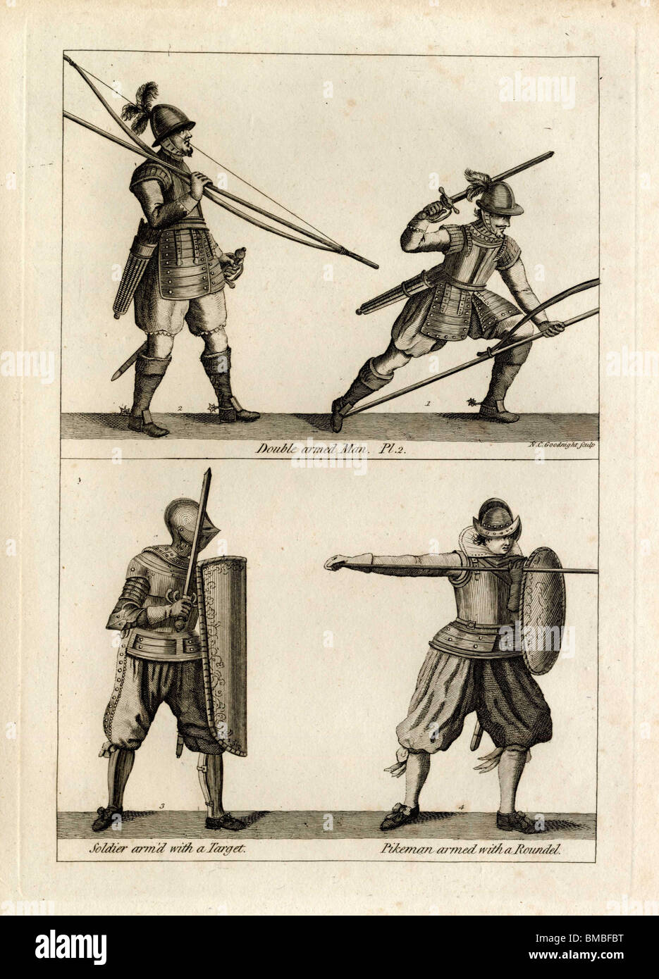 Il doppio-uomo armato (XVII secolo): fanteria armata con pike, arco e frecce e la spada. Foto Stock