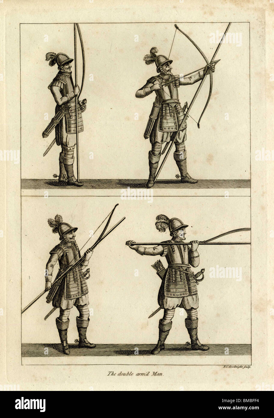 Il doppio-uomo armato (XVII secolo): fanteria armata con pike, arco e frecce e la spada. Foto Stock