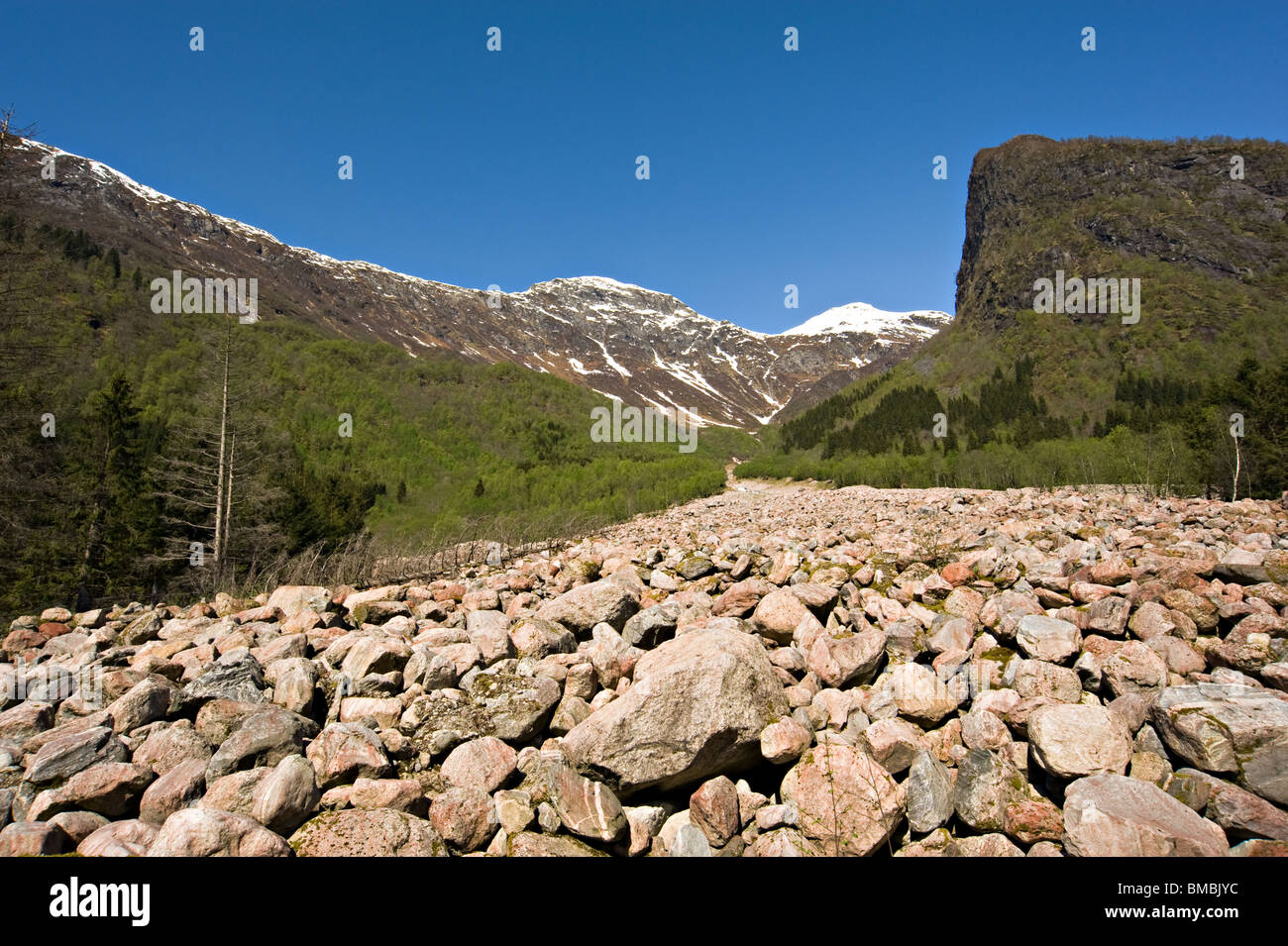 Postumi di una pietra frana causata dal movimento glaciale vicino Flatbrehytta dalla montagna Skeisnipa Fjaerland Norvegia Foto Stock