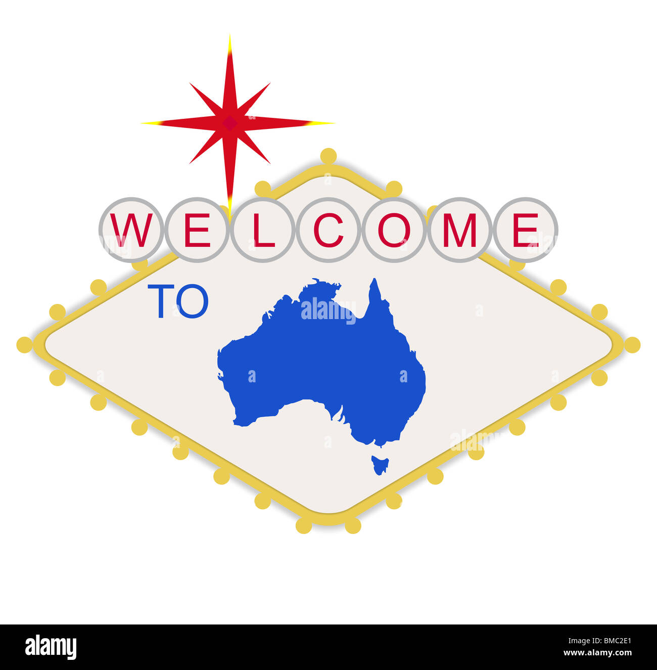 Benvenuto a Australia segno nello stile del famoso favolosa Las Vegas segno, isolati su sfondo bianco. Foto Stock