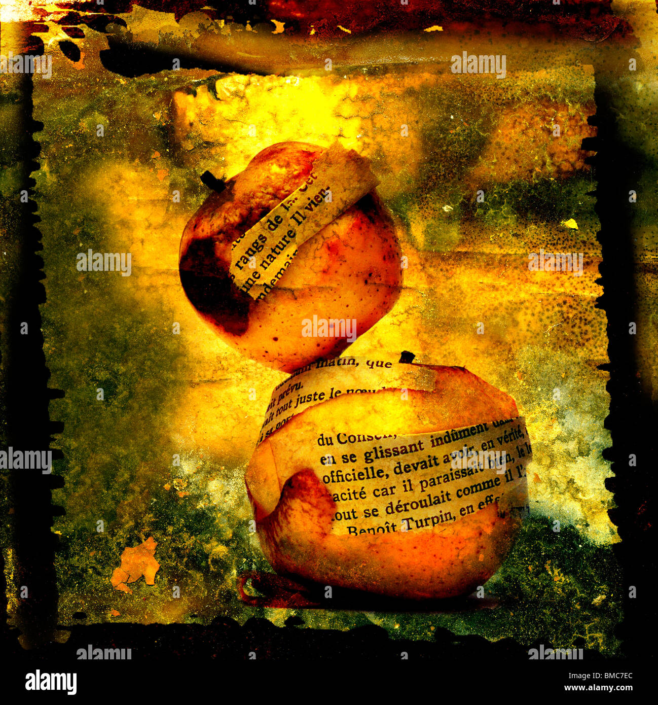 Due mele avvolte in un quotidiano appoggiate su uno sfondo testurizzato dai colori caldi Foto Stock