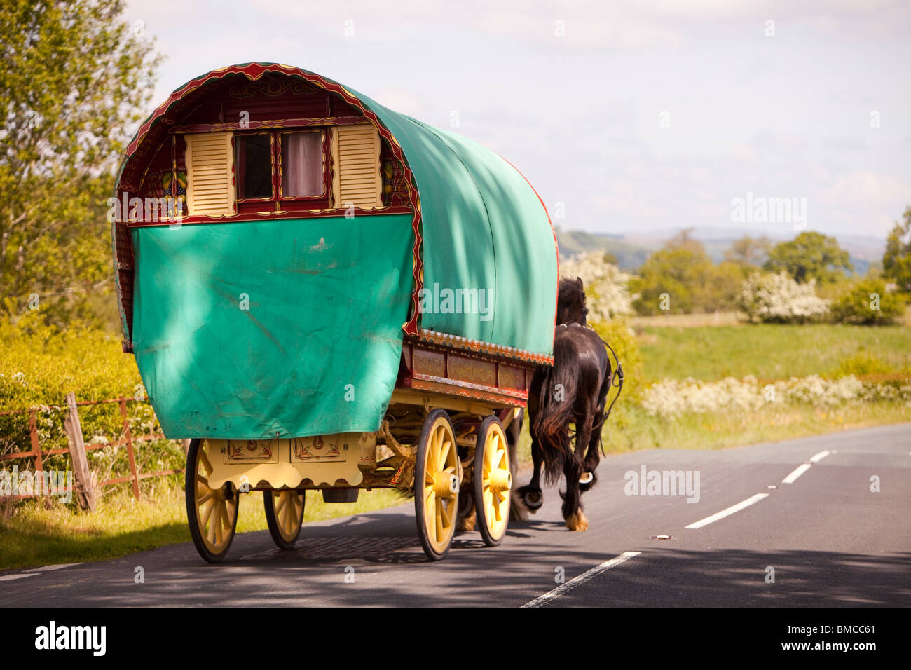 Gypsy è in viaggio verso la Appleby Horse Fair su un cavallo e roulotte vicino a Kirkby Lonsdale, Cumbria, Regno Unito. Foto Stock