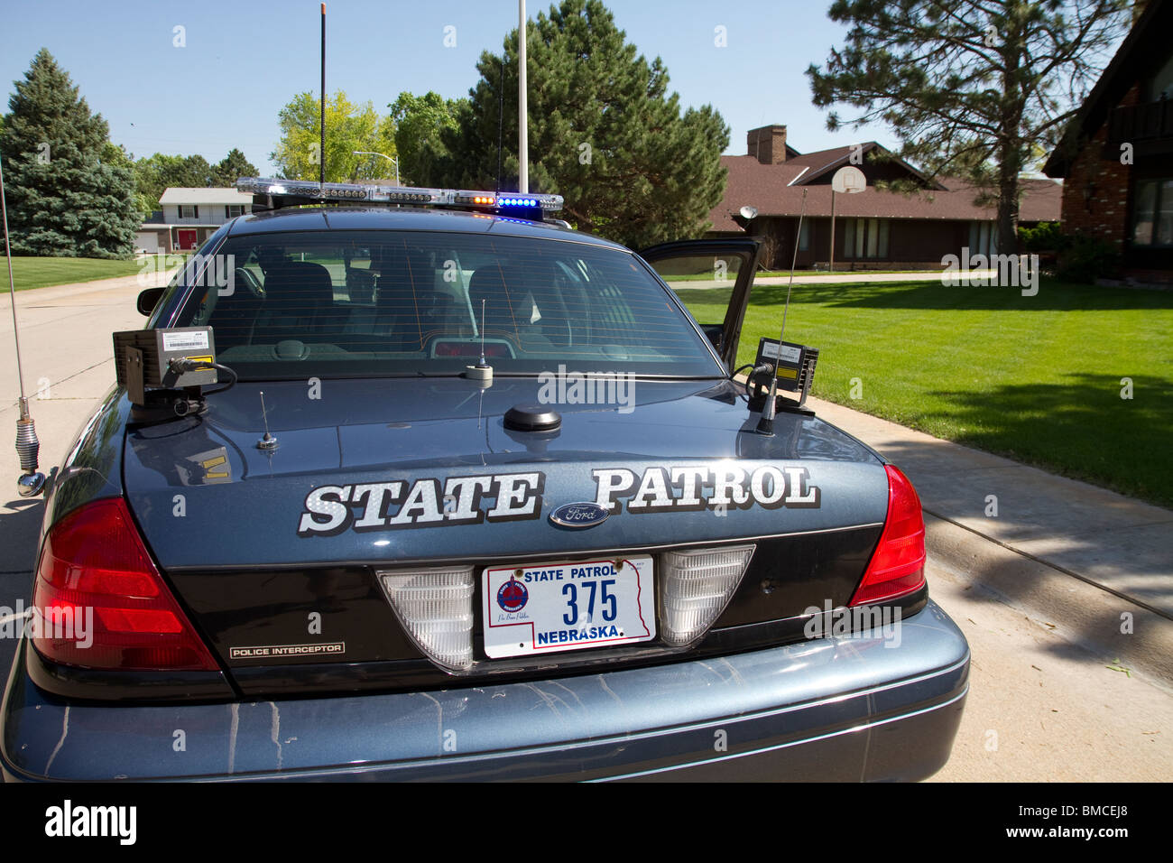 Licenza automatica lettore di piastra montata su un tronco di un Nebraska membro pattuglia di polizia interceptor Ford Crown Victoria. Foto Stock