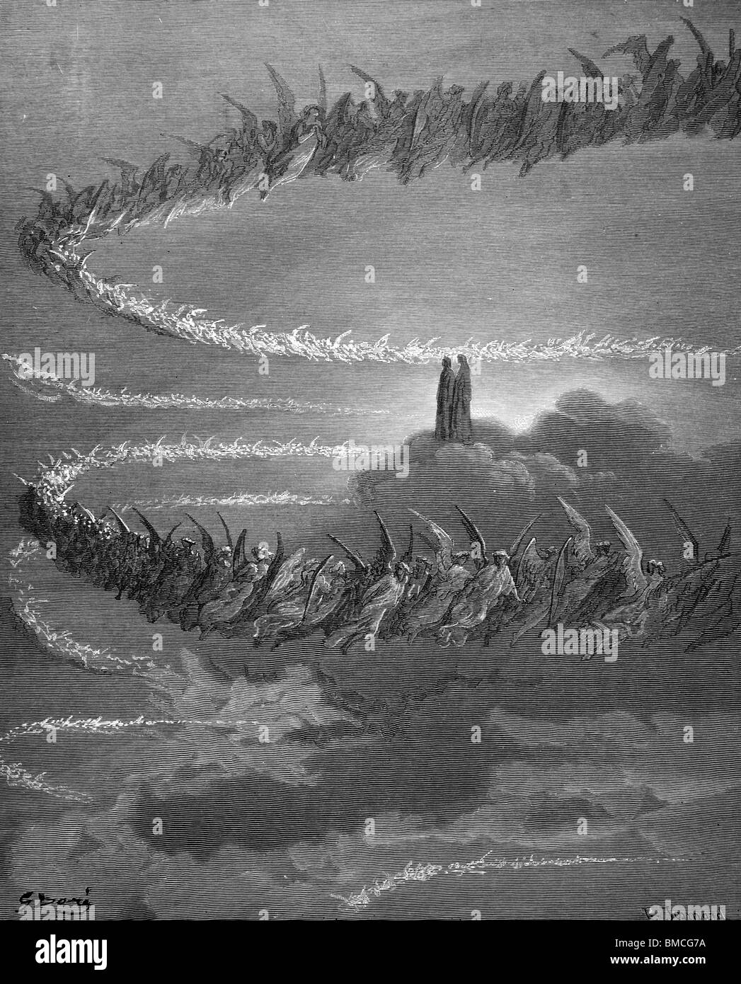 Incisione di Gustave Doré da Dante Alighieri nella Divina Commedia; Canto xviii; Dante e Beatrice nella sfera di Giove Foto Stock