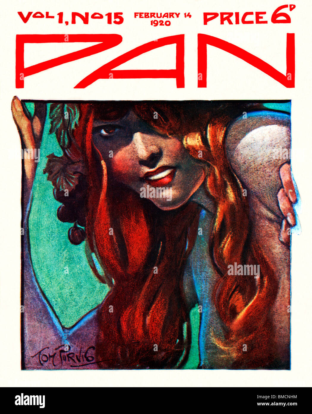 Pan, 14 febbraio 1920, art deco coperchio dell'inglese rivista letteraria, una fiamma ragazza dai capelli coetanei fuori Foto Stock