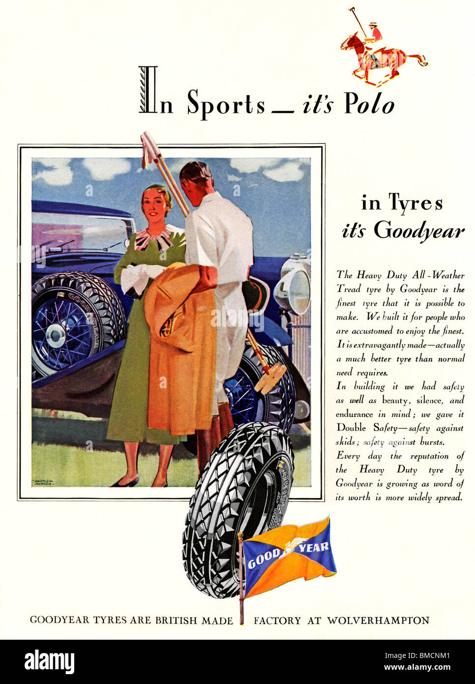 Pneumatici Goodyear, Polo, 1934 Inglese spot per la vettura americana pneumatici una sistemazione equestre tema sportivo Foto Stock